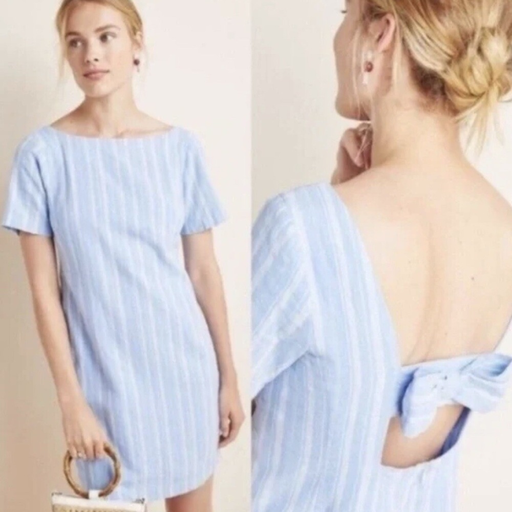 Anthropologie Blue striped linen bow dress